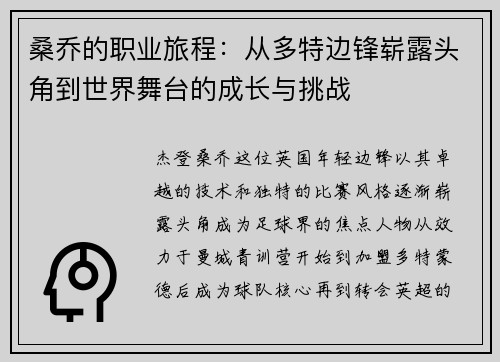 桑乔的职业旅程：从多特边锋崭露头角到世界舞台的成长与挑战